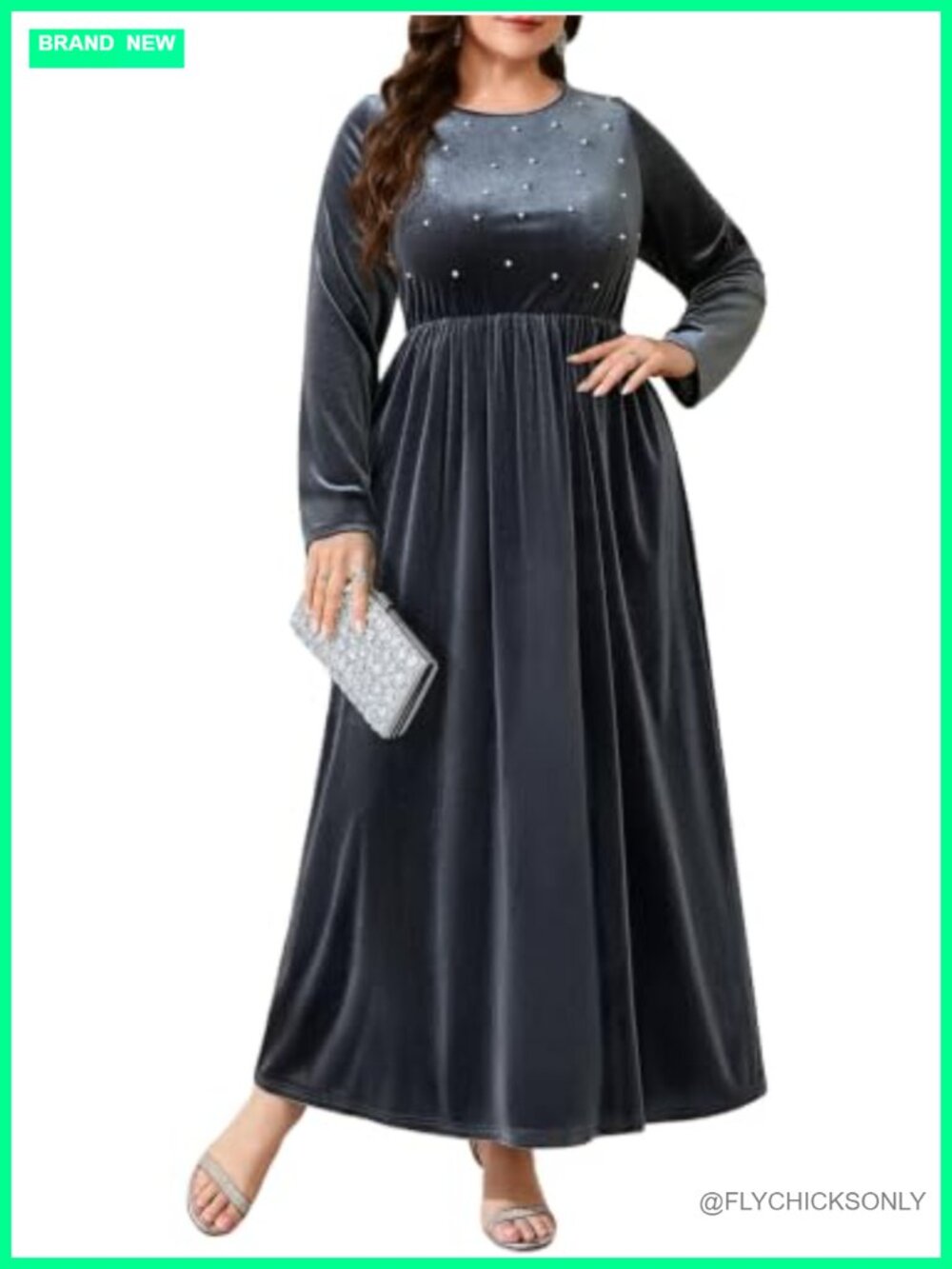 Velvet Formal Maxi Dress Pearl Belt Long Sleeve Evening Wedding Guest Cocktail